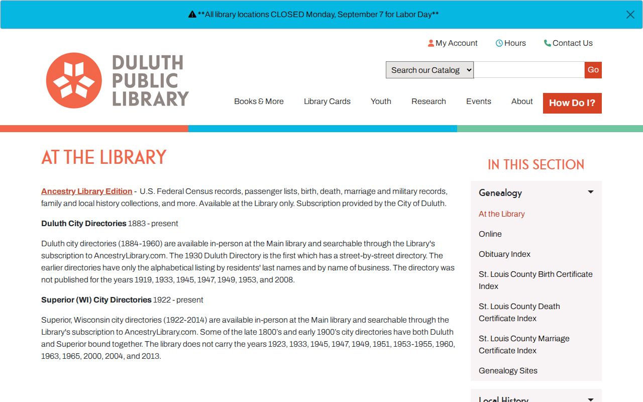 St. Louis County city directory access at Duluth Library genealogy service